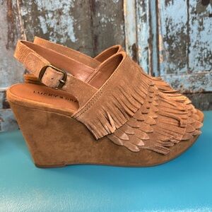 Lucky Brand Jeena Suede Leather Fringe Platform Wedges Sandals Tan Brown 8.5
